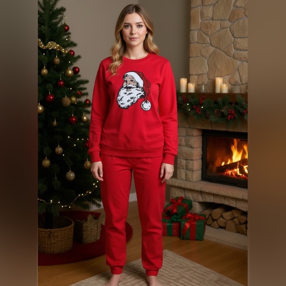 New Red Santa Claus Hat Sequin Sweatshirt SweatPant Two Piece Christmas Set S M